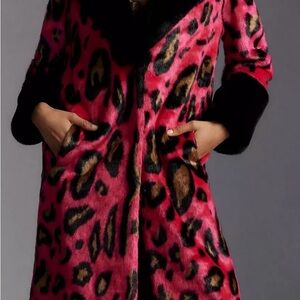 Leopard Print Faux Fur Coat - Pink and Black